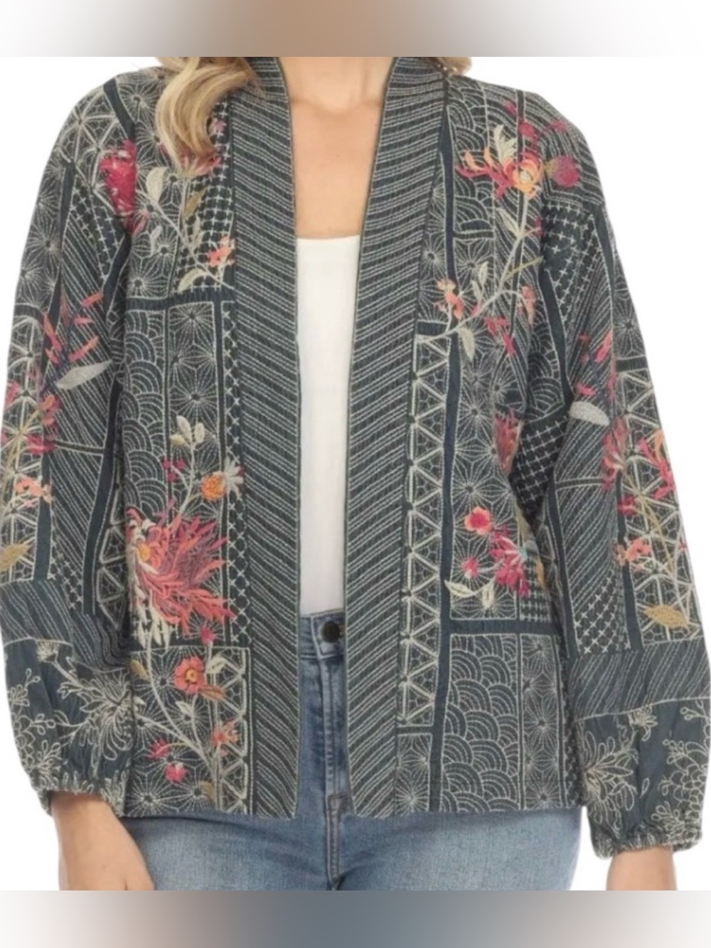 JOHNNY WAS Lightweight Denim Embroidered Open-Front Jacket/Cardigan/ Kimono.
